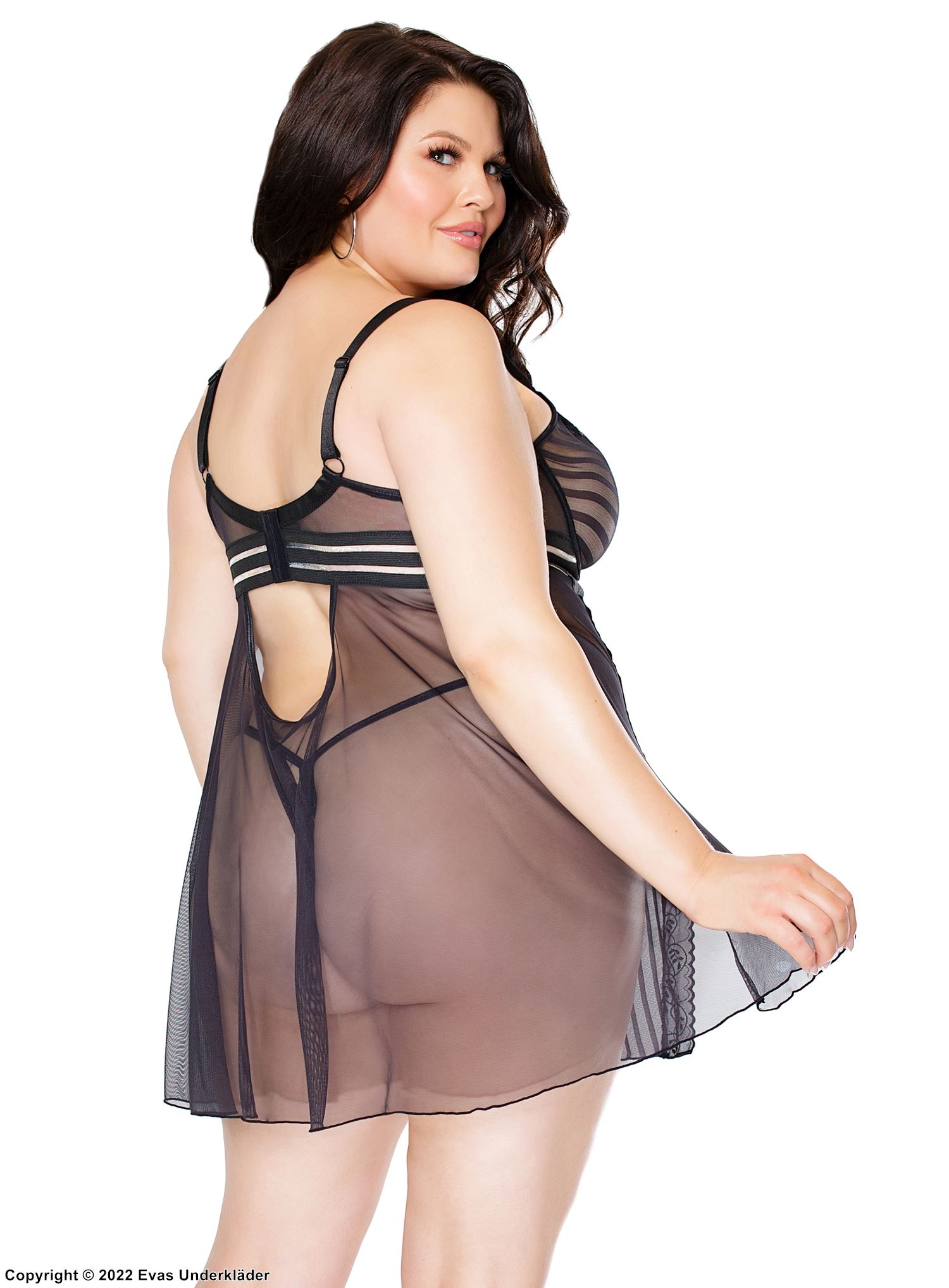 Verführerisches Babydoll, durchsichtiges Netz, Schlitz, Schlüsselloch, Blätter, Streifen, Plus Size